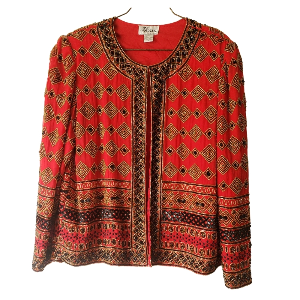 VINTAGE Evening Red Silk Beaded Jacket